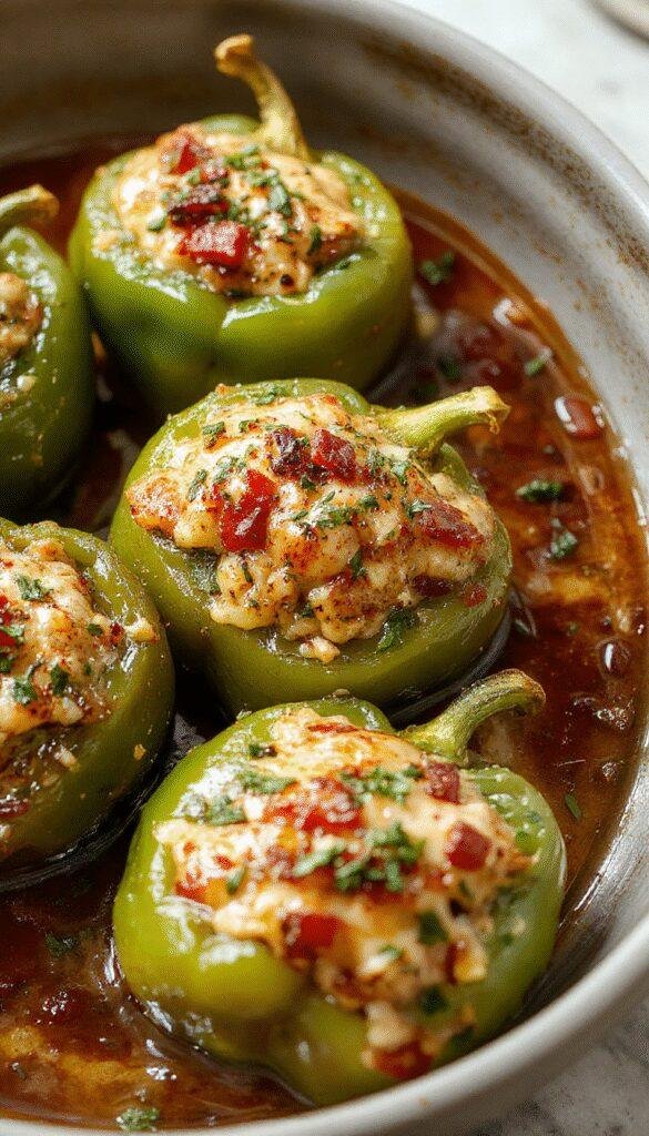 Colorful stuffed bell peppers filled with rice, vegetables, and cheese arranged on a plate.