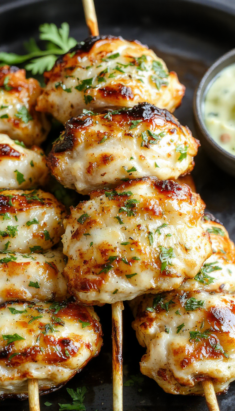 Juicy grilled garlic parmesan chicken skewers topped with fresh herbs and served on a summer-themed plate.