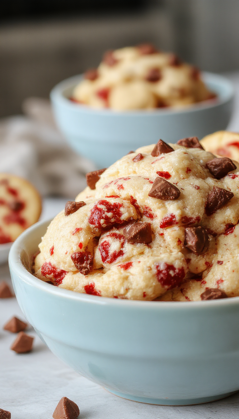 A close-up of a tray of no-bake red velvet cookie dough balls garnished with white chocolate chips on a rustic wooden surface.