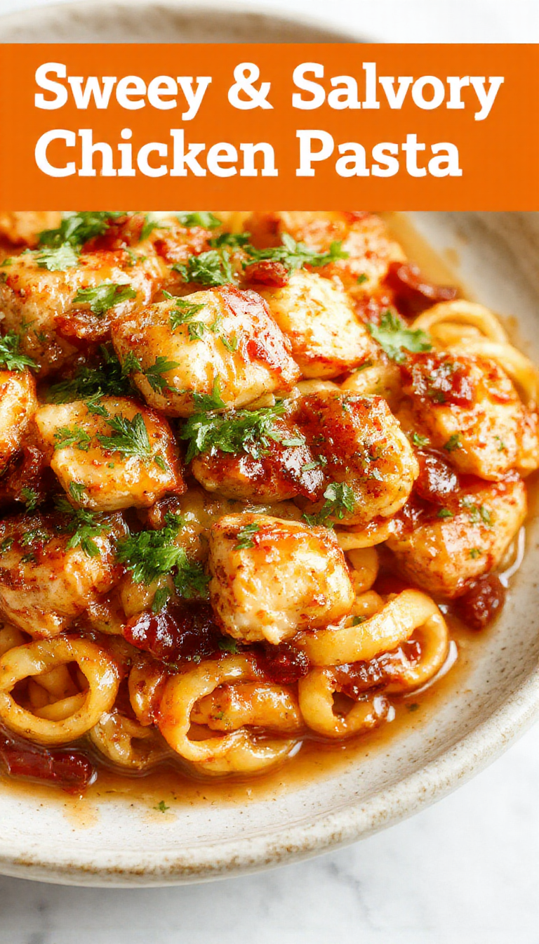 A plate of sweet and savory chicken pasta garnished with fresh herbs, showcasing tender chicken pieces mixed with perfectly cooked pasta and colorful vegetables.