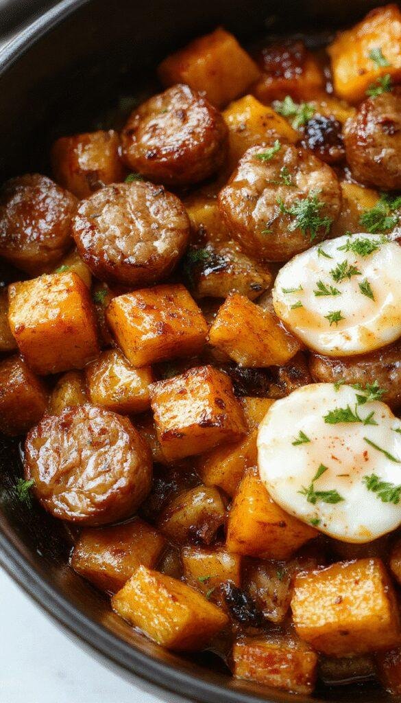 A skillet featuring golden roasted sweet potatoes and sizzling honey garlic sausage, garnished with fresh herbs on a rustic plate.