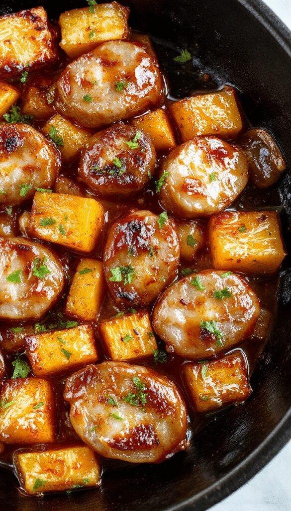 A steaming skillet featuring crispy honey garlic sausage slices nestled among roasted sweet potato cubes, garnished with fresh herbs.