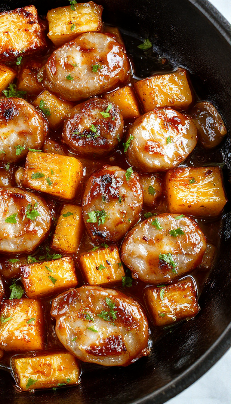 A steaming skillet featuring crispy honey garlic sausage slices nestled among roasted sweet potato cubes, garnished with fresh herbs.
