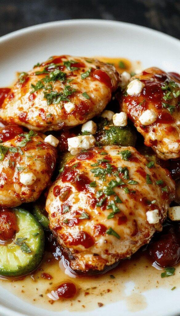 A plate of Sweet & Spicy Feta Chicken featuring golden-brown chicken pieces topped with crumbled feta cheese and colorful spicy glaze, garnished with fresh herbs.