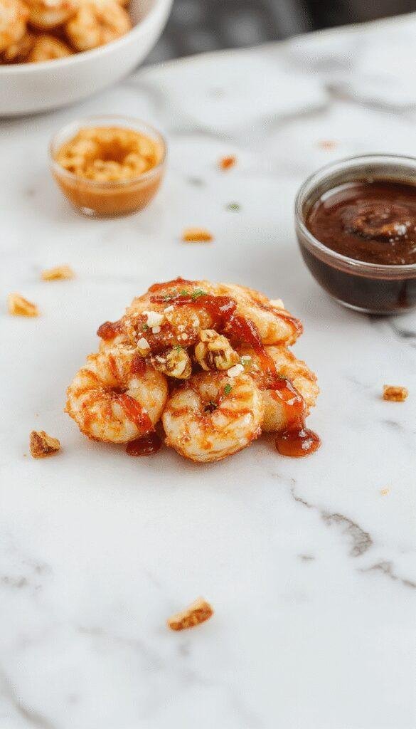 A vibrant plate of Honey Walnut Shrimp featuring golden-brown crispy shrimp coated in a glossy honey glaze, garnished with toasted walnuts and fresh green herbs, presented on a white ceramic dish with a styled wooden background, evoking a fresh, appetizing, and inviting feel.