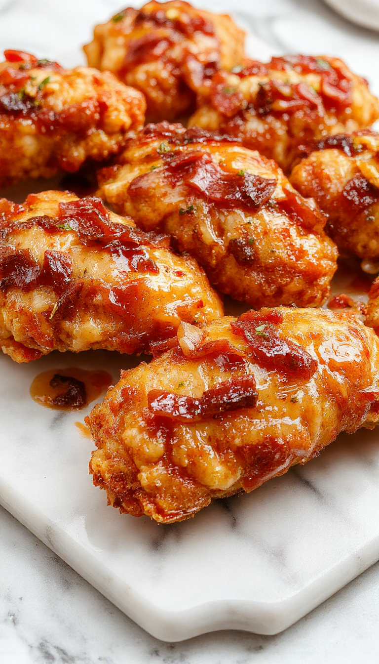 Colorful plated chicken tenders glazed with caramelized brown sugar and crispy bacon bits, garnished with fresh herbs on a rustic wooden table with a glossy sauce drizzled over the tenders