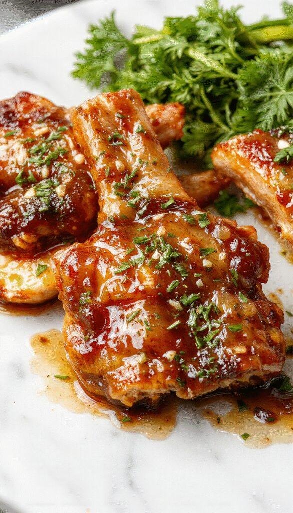 Delicious browned pork chops glazed with glossy brown sugar sauce, plated on a rustic wooden table with fresh herbs and a side of vegetables, vibrant and appetizing
