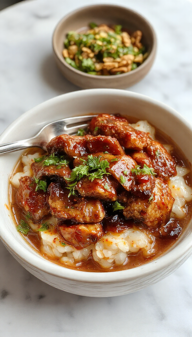 A close-up of caramelized soy chicken pieces with a glossy glaze arranged on a white plate, garnished with sliced green onions and sesame seeds. The chicken is served in a rich garlic ginger broth with visible minced garlic and ginger slices, alongside fluffy white rice. The vibrant colors of the dish contrast with the rustic wooden table background, highlighting the textures and savory elements.