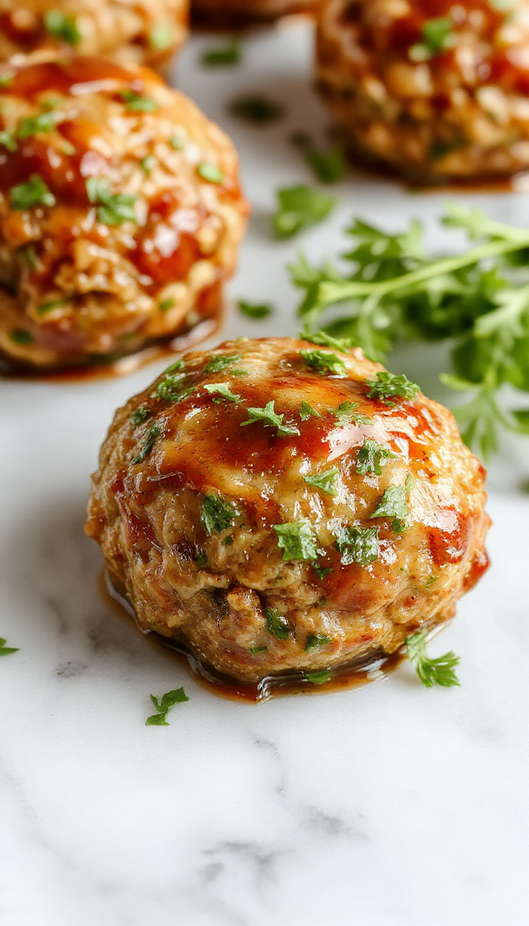 A close-up of glossy, golden honey garlic turkey meatballs arranged on a white serving dish, garnished with chopped parsley. The meatballs have a tender texture with a slightly caramelized exterior. In the background, a small bowl of honey garlic sauce and fresh herbs add vibrant color and context to the scene. The plate is placed on a rustic wooden table, styled with a sprig of parsley for a fresh look.