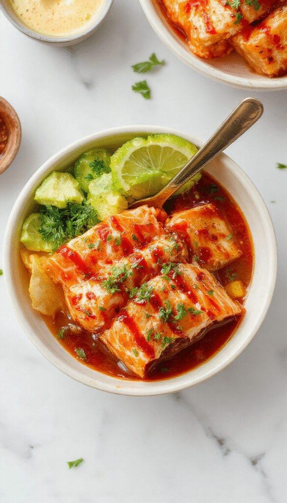 Colorful salmon bowls featuring glazed salmon fillets drizzled with honey and sriracha, served over fluffy white rice with fresh chopped green onions and sesame seeds, garnished with lime wedges and vibrant vegetables, styled on a rustic wooden table with nearby condiments.