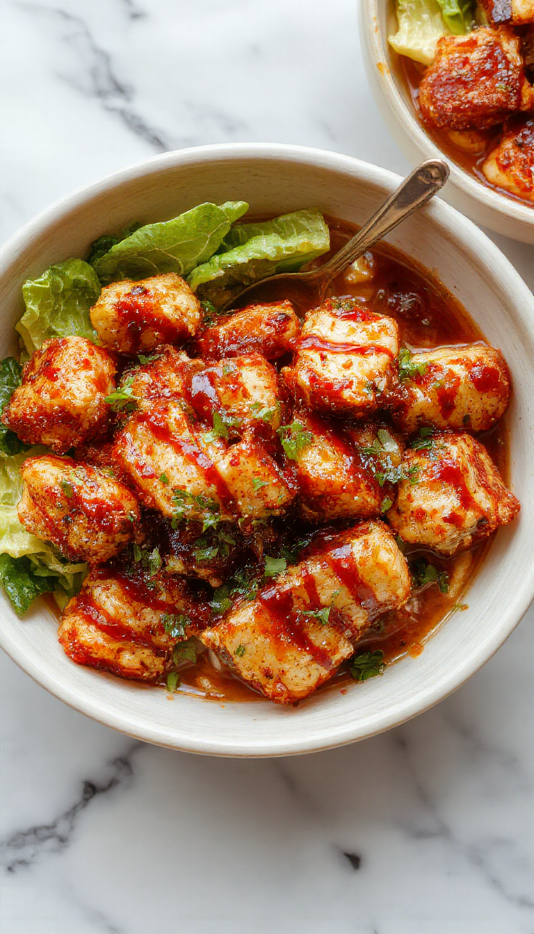 A vibrant bowl featuring crispy fried chicken glazed with amber hot honey sauce, topped with green scallions and sesame seeds, served alongside colorful roasted vegetables on a white ceramic plate, styled with a rustic wooden background and natural lighting highlighting the glossy glaze and crispy textures.