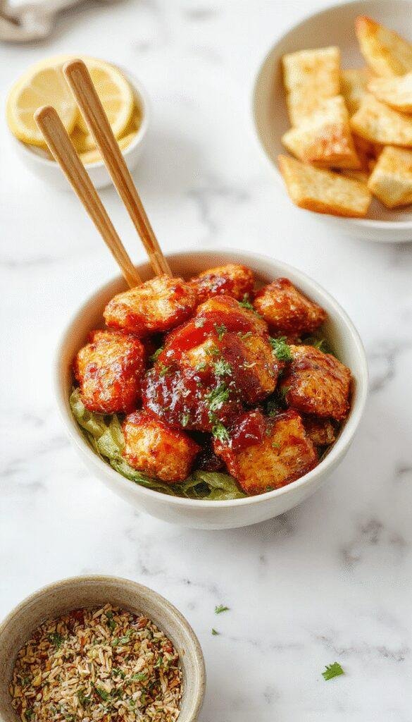 A vibrant chicken bowl featuring golden-brown crispy chicken pieces drizzled with glossy hot honey sauce, garnished with sesame seeds and chopped green onions on a white plate. The colorful dish includes steamed rice, roasted vegetables, and a drizzle of spicy honey glaze, styled to highlight the rich textures and bold flavors in a rustic kitchen setting.