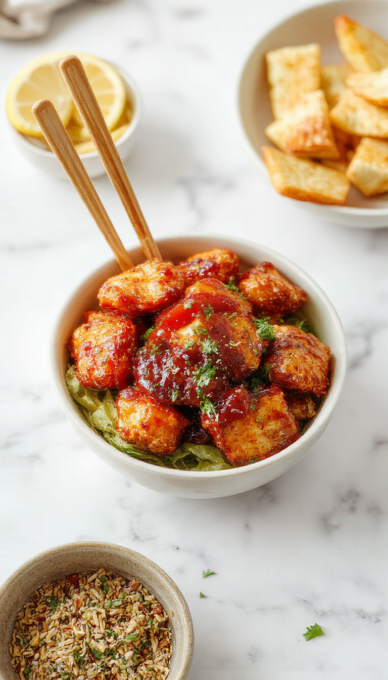A vibrant chicken bowl featuring golden-brown crispy chicken pieces drizzled with glossy hot honey sauce, garnished with sesame seeds and chopped green onions on a white plate. The colorful dish includes steamed rice, roasted vegetables, and a drizzle of spicy honey glaze, styled to highlight the rich textures and bold flavors in a rustic kitchen setting.