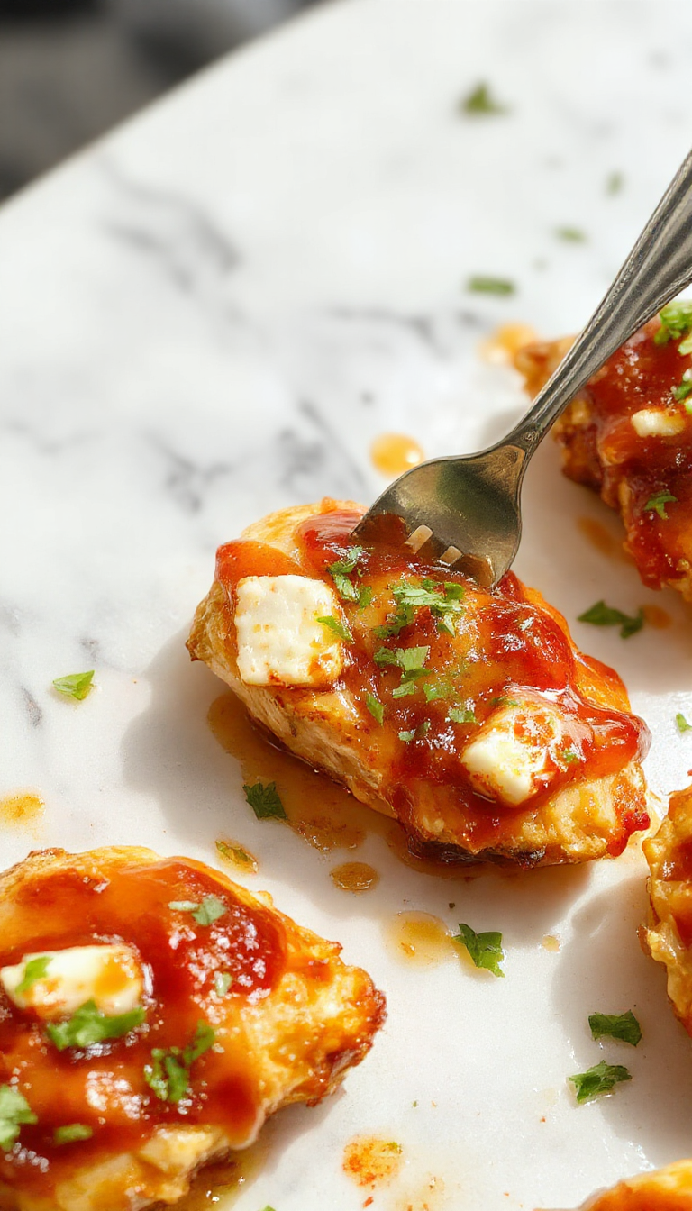 A close-up of a plated dish featuring tender grilled chicken topped with a golden, glossy honey glaze infused with spicy peppers, crumbled creamy feta cheese garnished with fresh herbs, and colorful roasted vegetables on a rustic plate with a vibrant background.