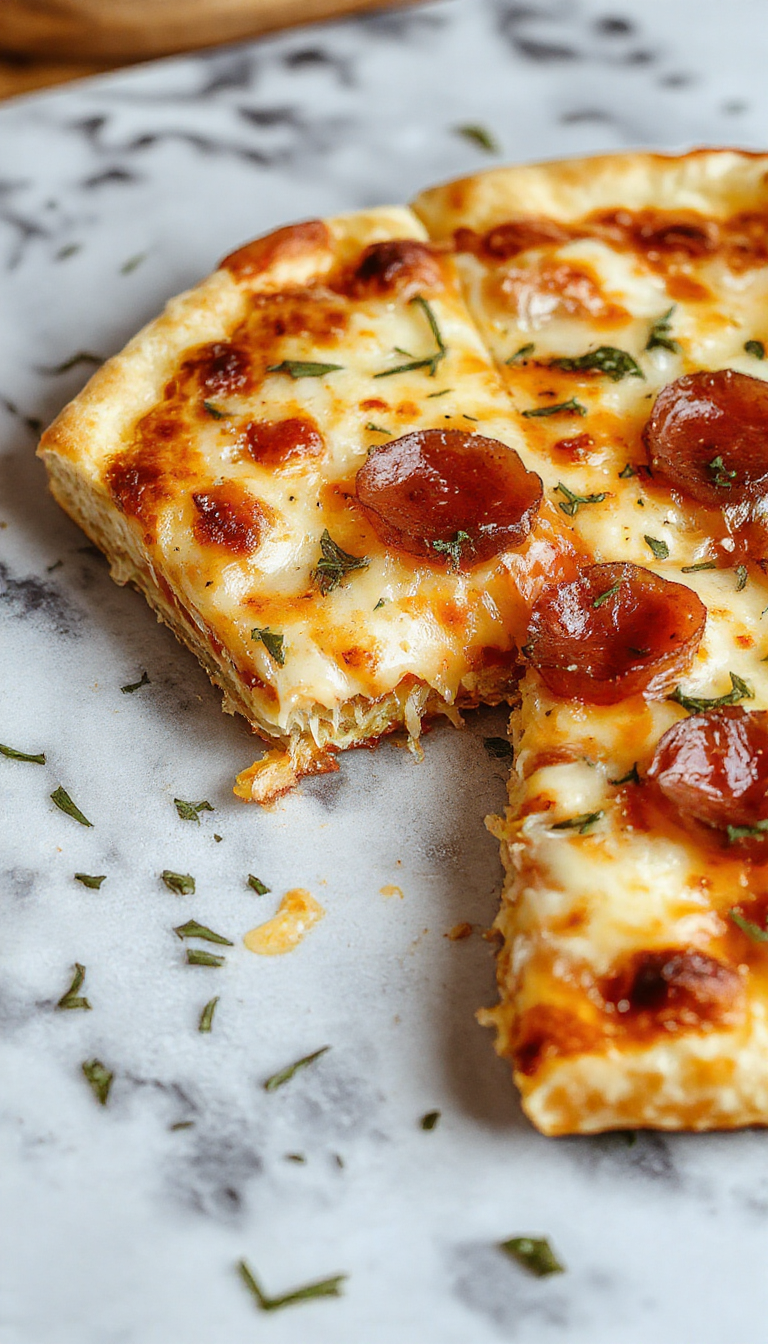 A slice of crustless pizza topped with melted cheese, vibrant vegetables, and savory toppings on a white plate