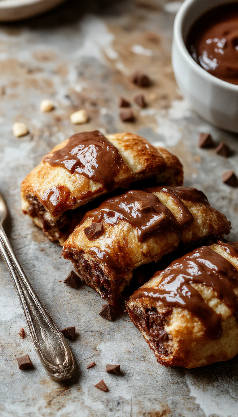 A golden, flaky chocolate croissant morning bake topped with powdered sugar and melting chocolate pieces, ready to serve.