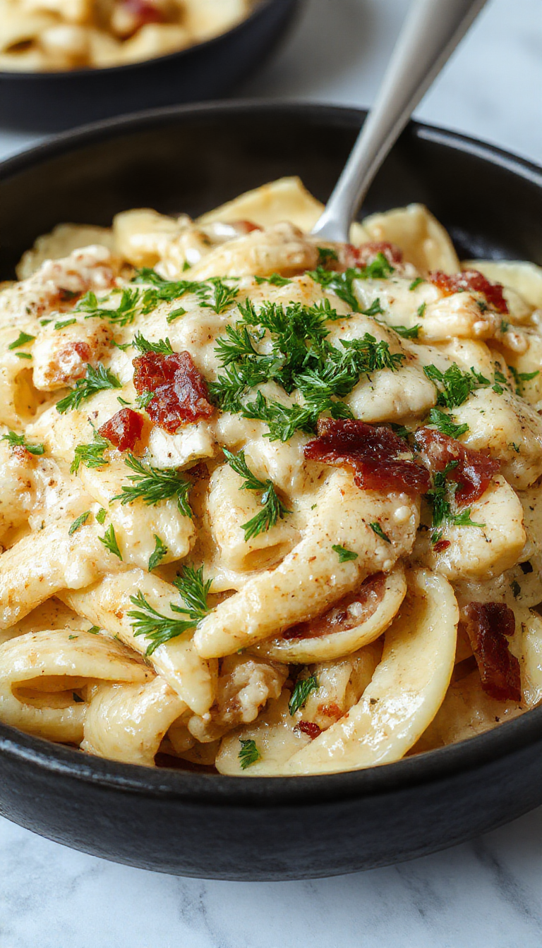 A plate of creamy chicken bacon ranch pasta garnished with fresh herbs, showcasing tender chicken pieces, crispy bacon, and a rich, cheesy sauce.