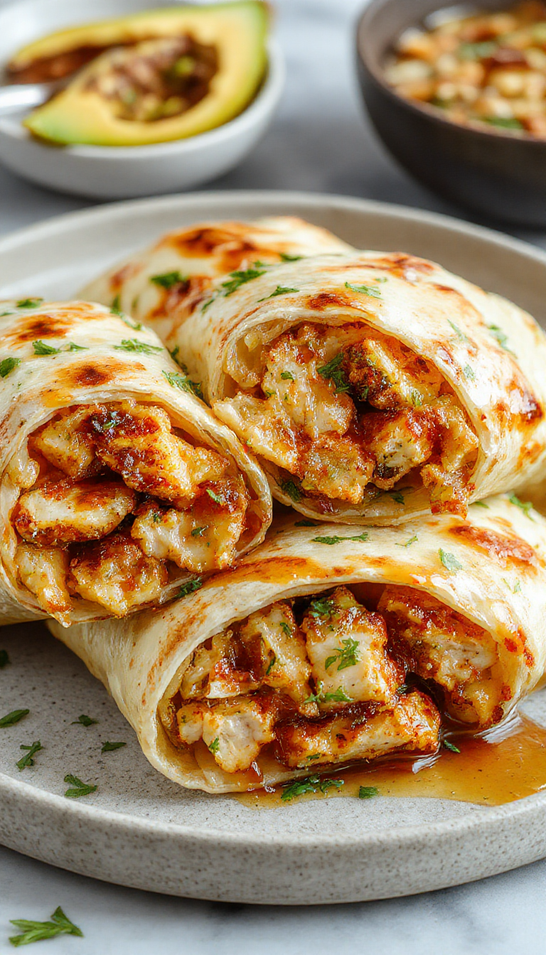 Close-up of cheesy garlic chicken wraps filled with melted cheese, crispy chicken, and fresh herbs, served on a wooden platter.