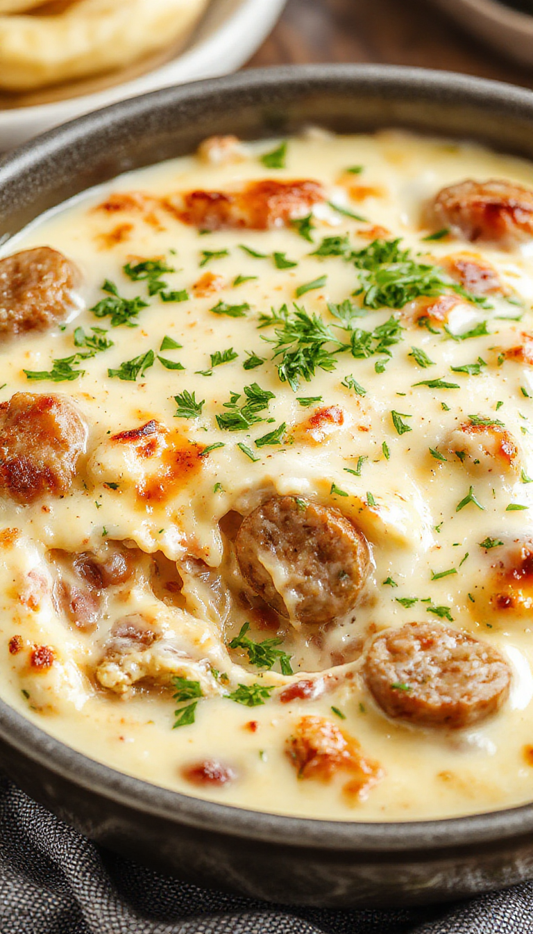 A hearty casserole dish featuring golden-brown sausage, creamy ranch sauce, topped with melted cheese and fresh herbs, ready to serve.