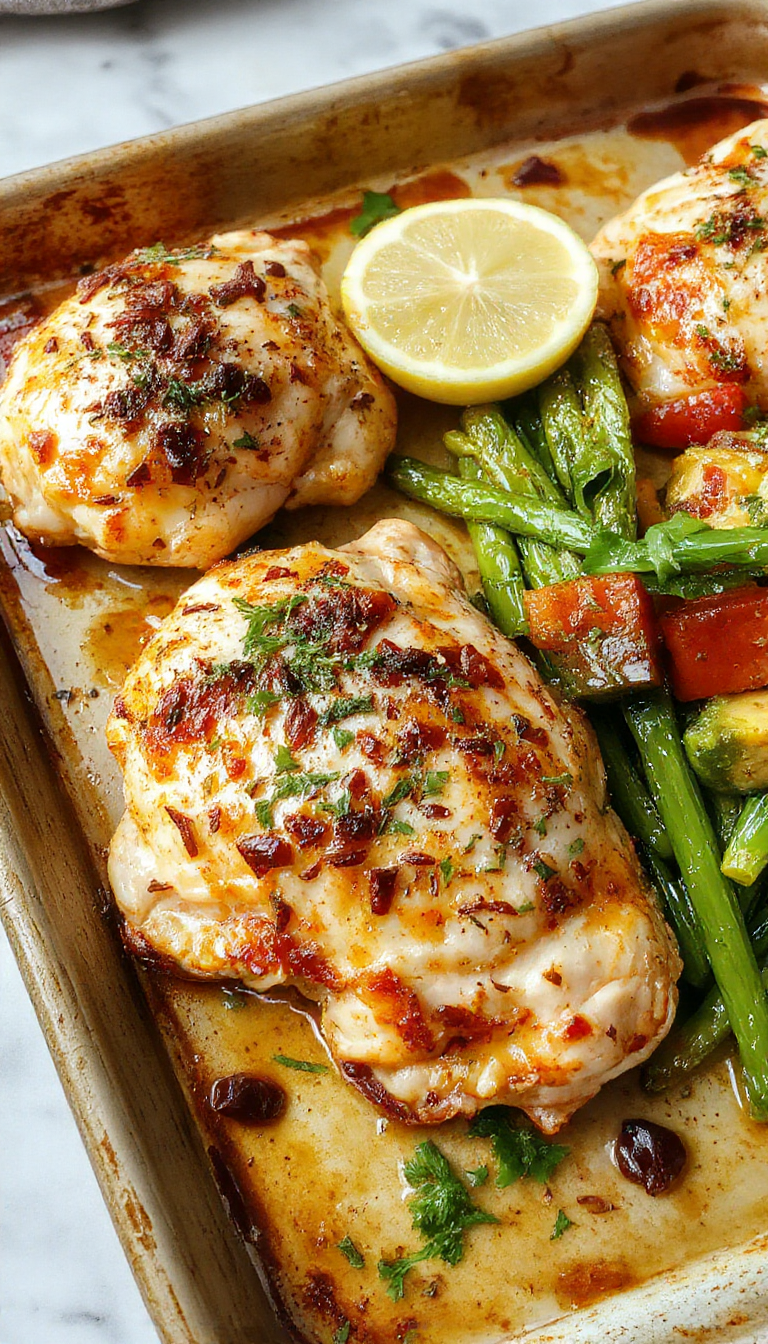 Colorful tropical sheet pan with seasoned chicken, sliced mango, pineapple chunks, bell peppers, and fresh herbs on a rustic wooden table.