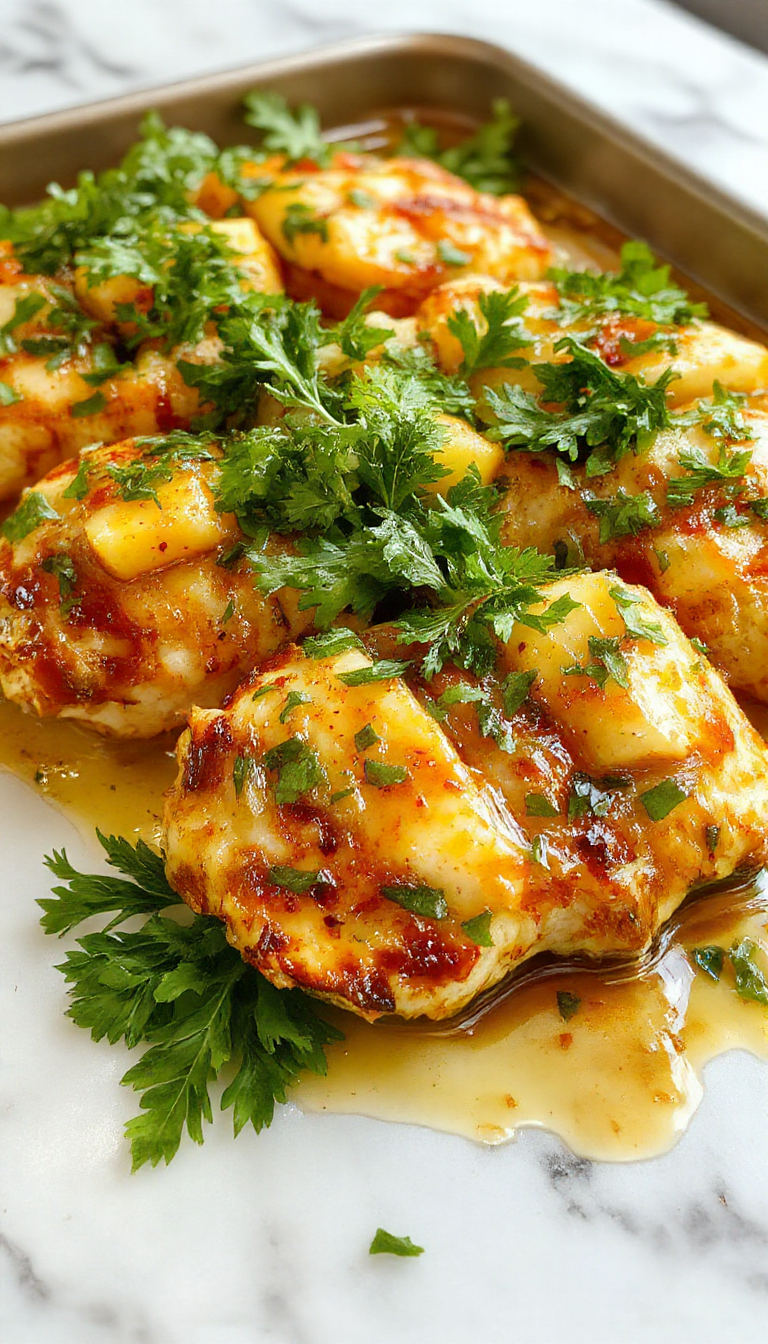 Colorful Hawaiian chicken sheet pan featuring golden-brown grilled chicken pieces topped with pineapple chunks, red bell peppers, and green onions arranged on a sleek white platter. The vibrant ingredients contrast with the glossy glaze on the chicken, highlighting a tropical, summery presentation with a mix of reds, yellows, and greens.