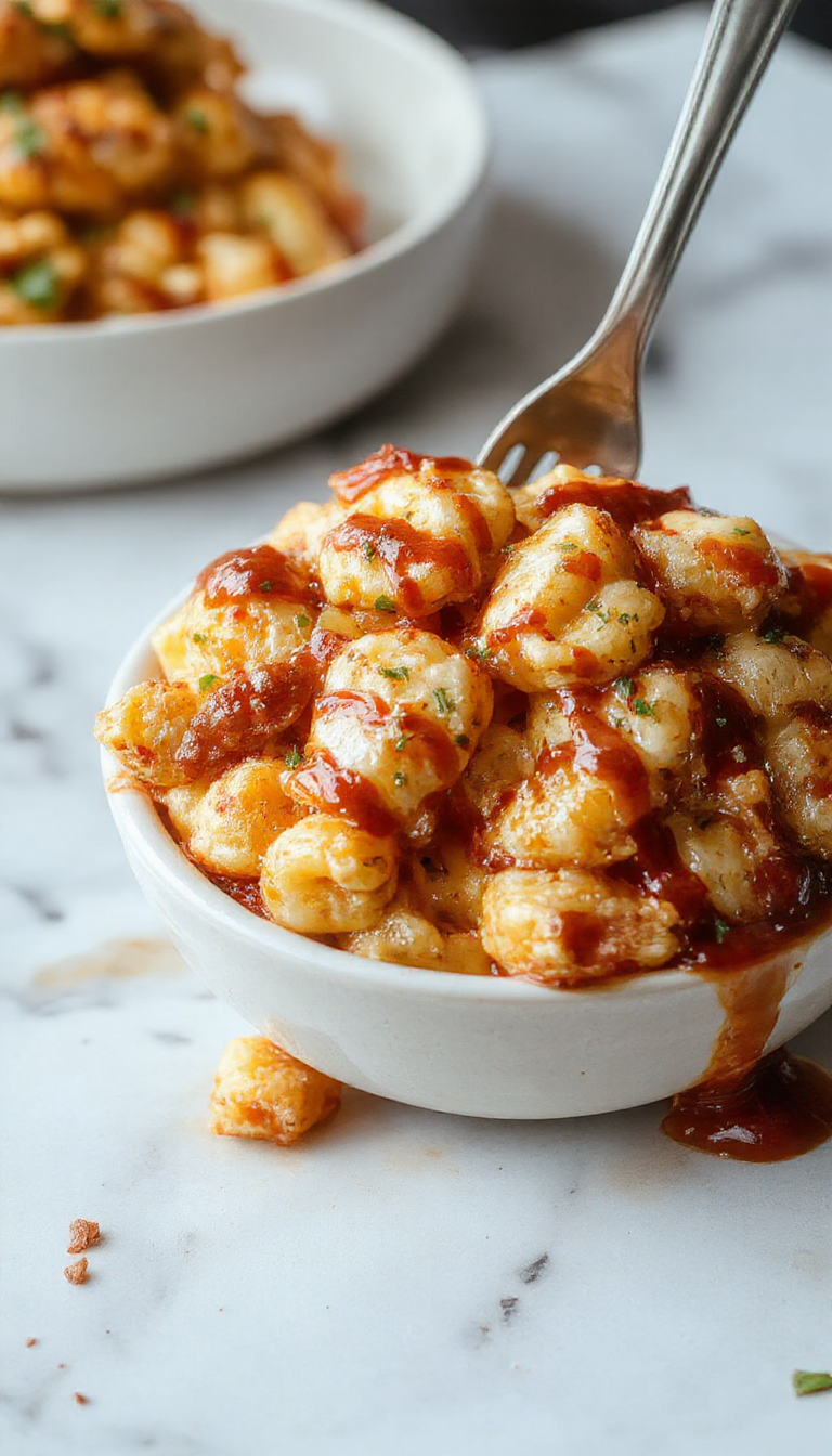 A vibrant plate of BBQ chicken mac and cheese with golden brown toasted cheese on top, shredded barbecue chicken mixed with spiraled pasta, garnished with chopped green onions and a drizzle of barbecue sauce, served on a rustic white plate with a colorful background.
