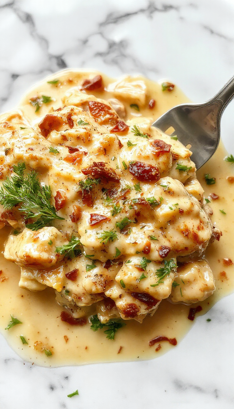 A close-up shot of a creamy baked chicken stroganoff dish served in a white bowl, featuring tender shredded chicken, rich mushroom sauce, and a sprinkle of fresh herbs, with a golden-brown baked crust on top and steam rising, set on a rustic wooden table with a spoon beside.