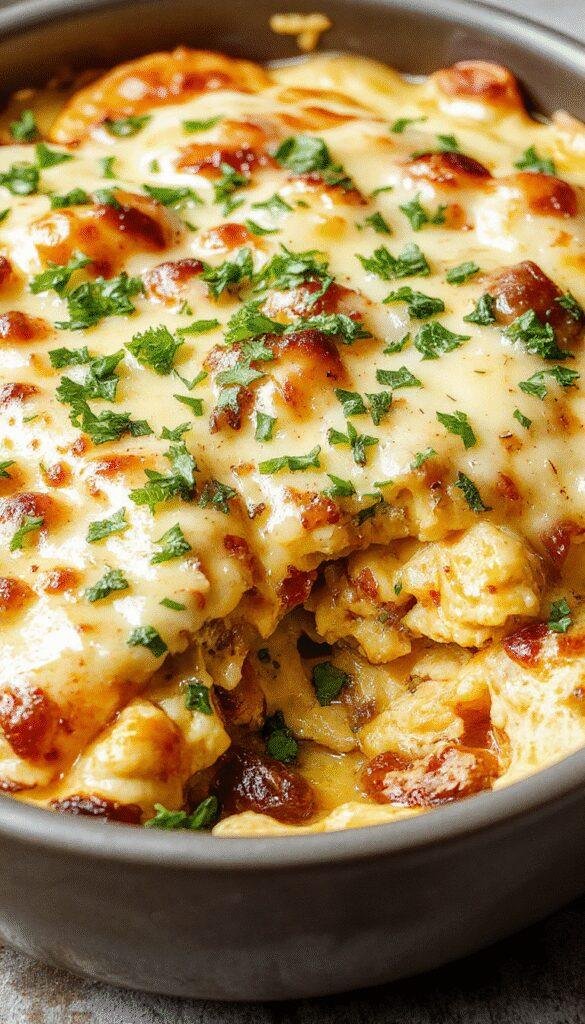 A colorful casserole dish featuring layers of seasoned chicken, melted cheese, and fresh vegetables, topped with crispy tortilla chips.