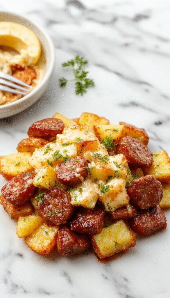 A vibrant skillet filled with golden roasted potatoes coated in a creamy ranch sauce, topped with melted cheese and slices of smoky sausage, garnished with fresh herbs. The dish is served in a rustic skillet with a side of green herbs on top, with a sprinkle of cheese melting over the crispy edges.