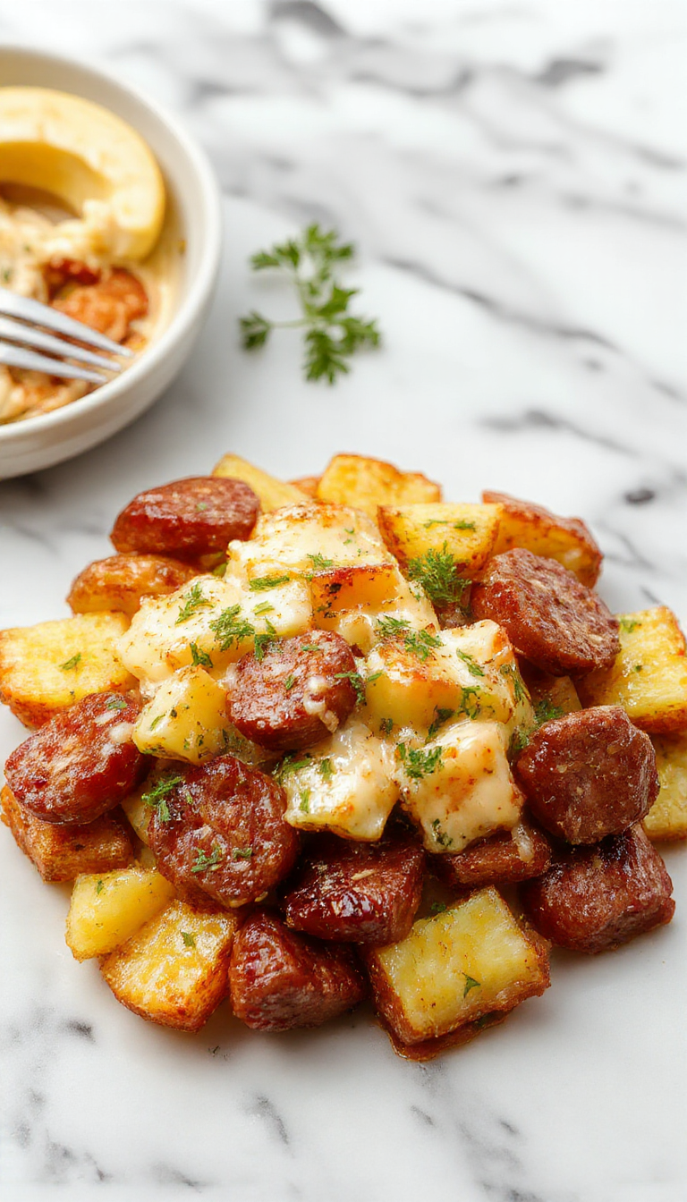 A vibrant skillet filled with golden roasted potatoes coated in a creamy ranch sauce, topped with melted cheese and slices of smoky sausage, garnished with fresh herbs. The dish is served in a rustic skillet with a side of green herbs on top, with a sprinkle of cheese melting over the crispy edges.