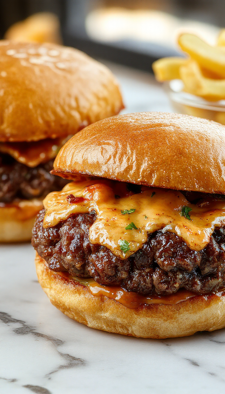 Close-up shot of golden-brown crack burgers stacked high on a rustic wooden board, with melted cheese oozing from juicy beef patties, topped with crispy bacon and fresh lettuce, served alongside pickles and a side of crispy fries.