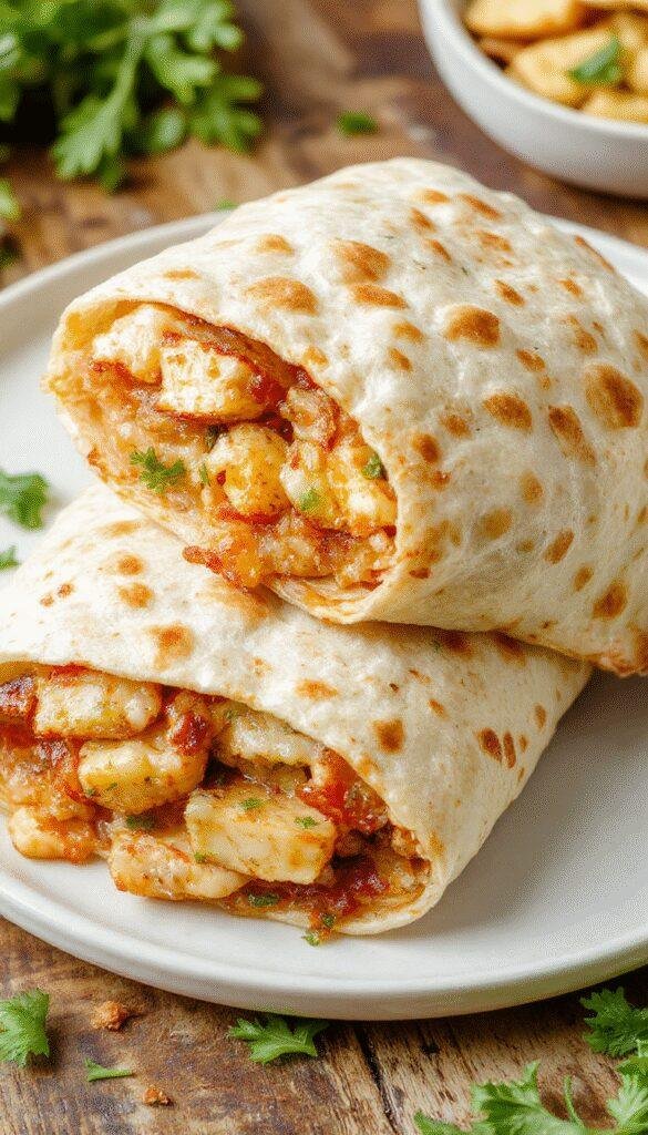 A plate of Ultimate Crave-Worthy Cheesy Garlic Chicken Wraps with melted cheese, crispy chicken, fresh greens, and garlic sauce on a wooden table.