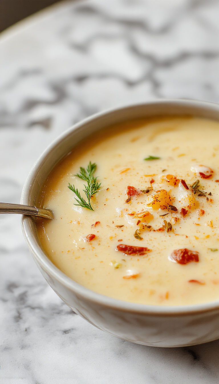 A rich, creamy bowl of cowboy soup topped with shredded cheese, chopped green onions, and bacon crumbles. The soup has a thick, velvety texture with chunks of tender meat and vegetables, served in a rustic bowl on a wooden table, with slices of crusty bread beside it.