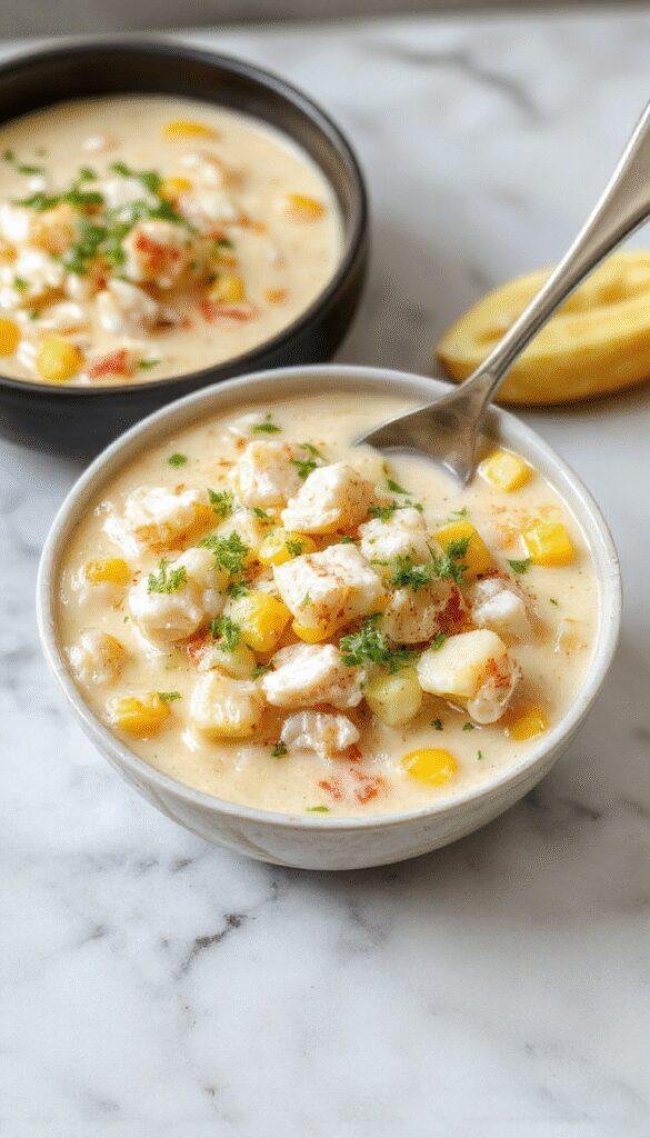 A warm bowl of creamy chicken corn chowder garnished with fresh chopped herbs, served on a rustic wooden table with a spoon, colorful corn kernels, shredded chicken, and a splash of cream visible, styled with a cozy kitchen background.
