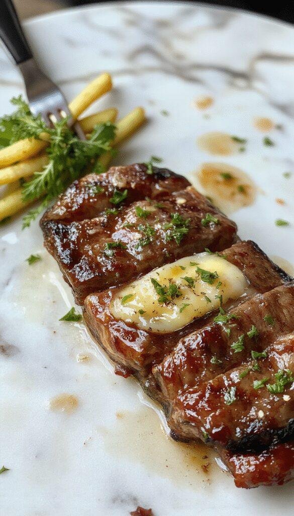 A juicy, perfectly seared garlic butter steak plated on a white dish with golden-brown crust, topped with melted garlic herb butter and fresh parsley, with a side of crispy roasted potatoes and vibrant greens, styled elegantly on a rustic wooden table