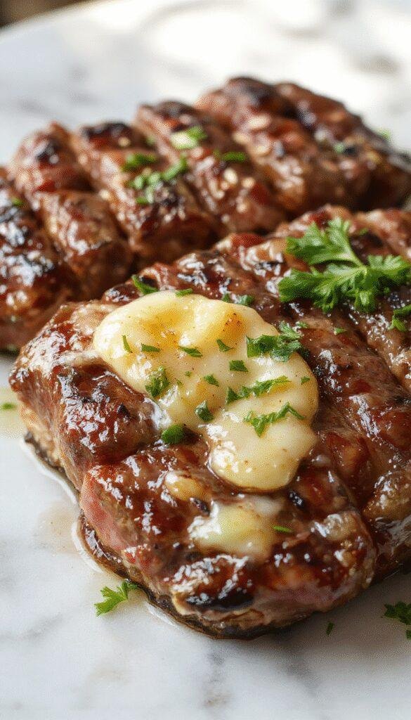 A perfectly cooked medium-rare steak glazed with rich garlic butter, garnished with chopped parsley, served on a rustic wooden platter with a side of roasted vegetables, highlighting glossy, tender meat contrasted against vibrant greenery and crispy accompaniments.