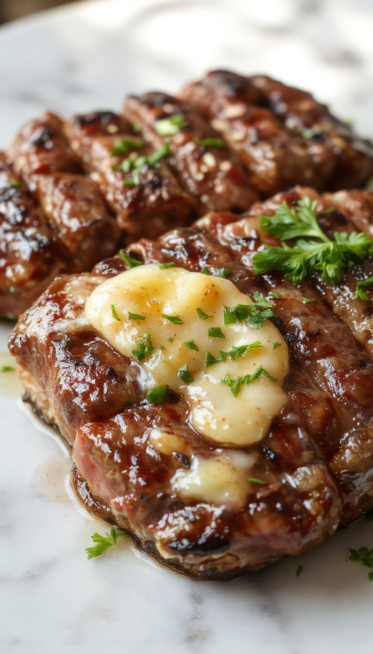 A perfectly cooked medium-rare steak glazed with rich garlic butter, garnished with chopped parsley, served on a rustic wooden platter with a side of roasted vegetables, highlighting glossy, tender meat contrasted against vibrant greenery and crispy accompaniments.