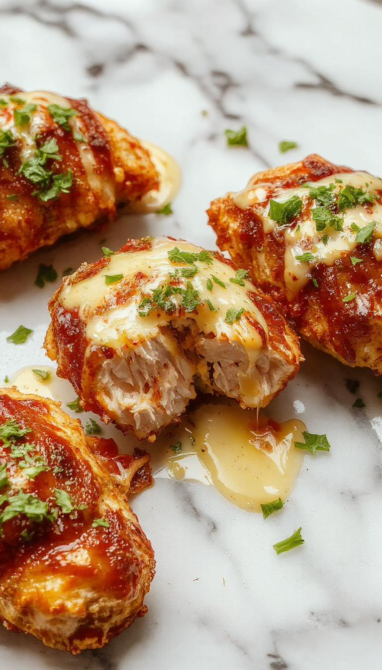A close-up of a succulent piece of chicken coated in a glossy, golden-brown sauce, resting on a rustic white plate garnished with fresh herbs. The chicken looks juicy and tender, with a crispy exterior and steam rising from it, set against a soft-focus background of a beautifully plated dish with vibrant green herbs and a hint of sauce drizzled artfully around.