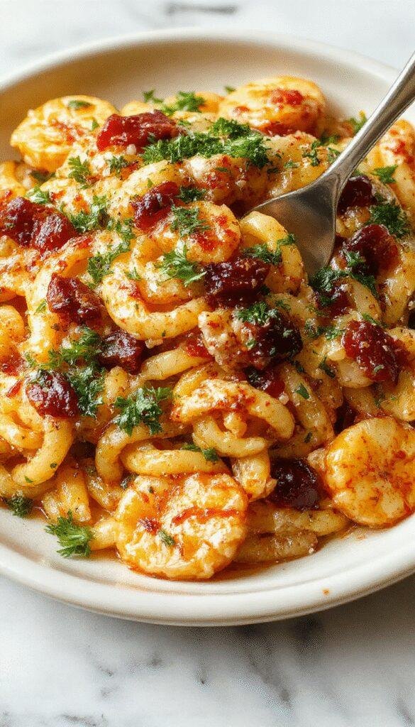 Colorful plate of cooked orzo pasta mixed with vibrant cherry tomatoes, spinach, and melted feta cheese, garnished with fresh herbs, served on a rustic white plate with a wooden background.