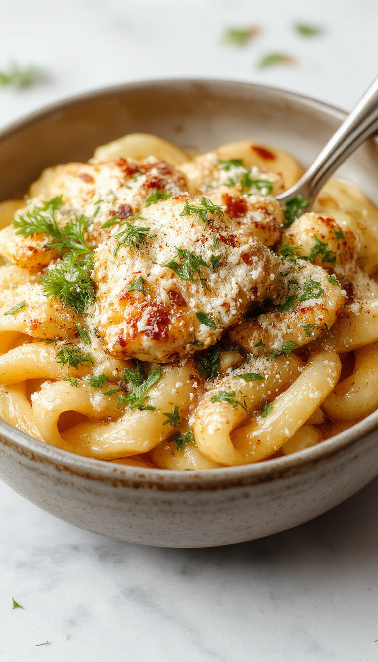 A delicious plate of Ultimate Parmesan Chicken Pasta garnished with fresh herbs, featuring tender chicken strips mixed with creamy Parmesan sauce and pasta.