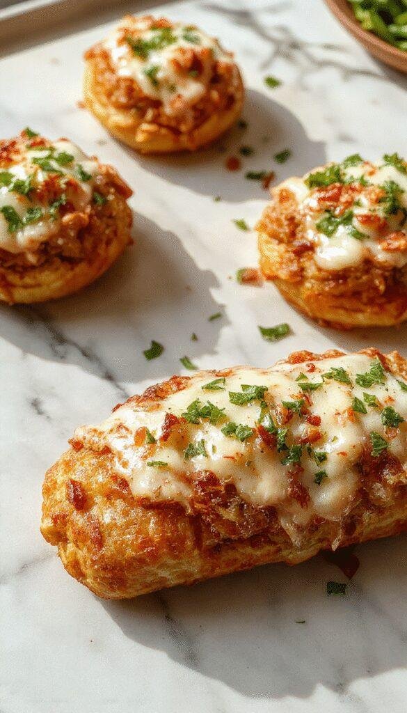 A vibrant, golden-brown casserole dish filled with cheesy, crispy layered ingredients topped with chopped herbs and garnished with fresh vegetables, presented on a rustic wooden table with some serving utensils nearby.