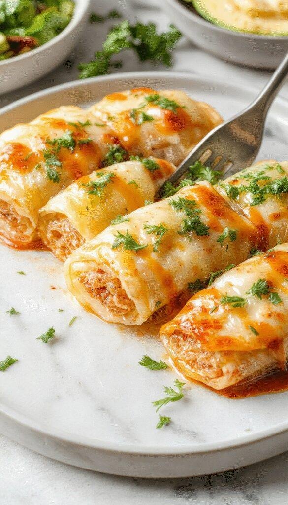 A vibrant plate featuring freshly cooked cabbage rolls with golden-brown edges, filled with seasoned meat and rice, garnished with parsley and served on a white ceramic dish