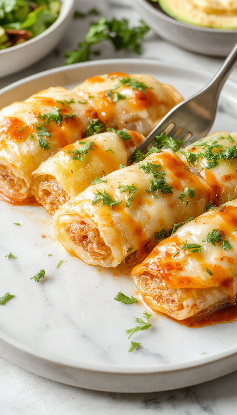 A vibrant plate featuring freshly cooked cabbage rolls with golden-brown edges, filled with seasoned meat and rice, garnished with parsley and served on a white ceramic dish