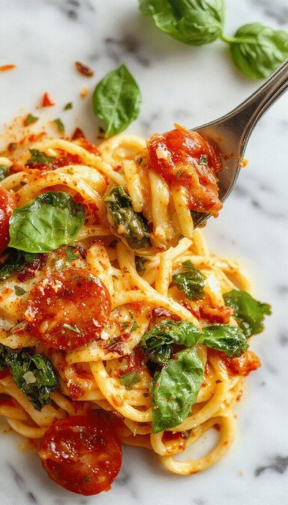 A vibrant plate of spinach tomato pasta featuring al dente noodles topped with fresh spinach leaves and ripe cherry tomato halves, garnished with grated cheese and herbs, presented on a stylish white plate against a rustic wooden table background.