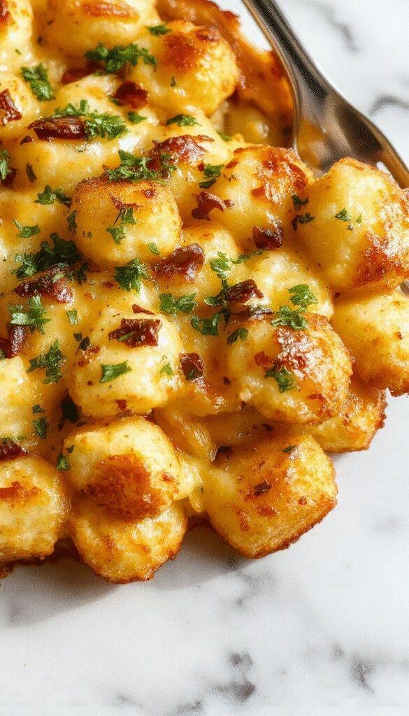 A vibrant plate of cheesy tater tot casserole topped with crispy golden-brown tater tots, melted cheese, and fresh herbs, served in a rustic dish with a fork on the side, capturing a warm and inviting meal.