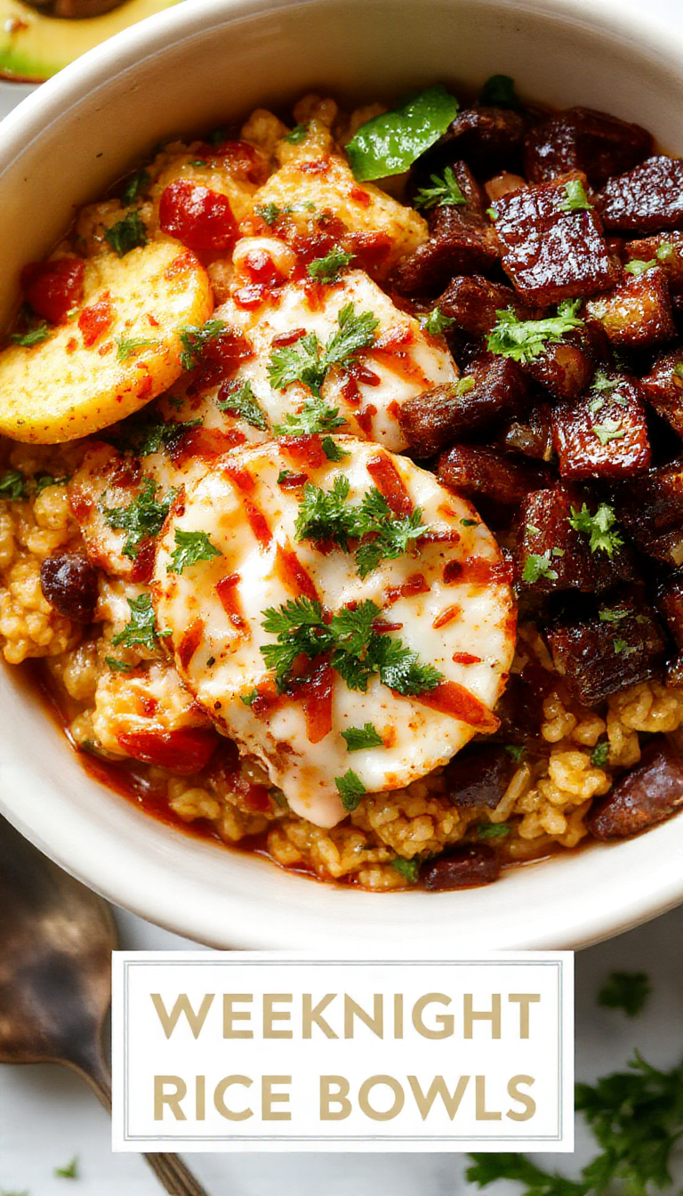 A vibrant plate of Ultimate Weeknight Taco Rice Bowls featuring seasoned beef, colorful vegetables, rice, and fresh toppings, all beautifully arranged.