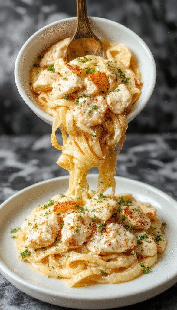 A plate of creamy garlic and herb chicken pasta garnished with fresh herbs, featuring tender chicken chunks in a rich sauce over al dente pasta.