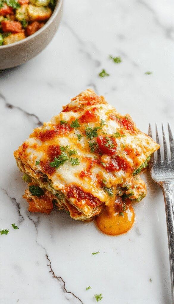 Colorful layered loaded veggie white lasagna on a white plate, showcasing vibrant vegetables, creamy white sauce, and melted cheese topping, styled with fresh herbs and a rustic wooden table background