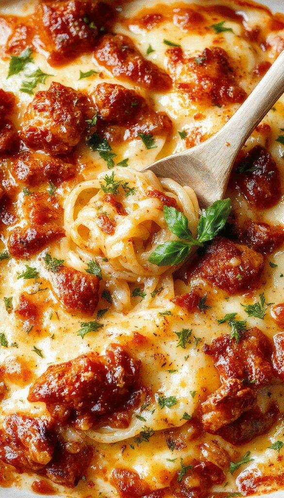 A creamy baked spaghetti casserole in a glass dish topped with melted cheese and fresh herbs, ready to serve as a hearty dinner.