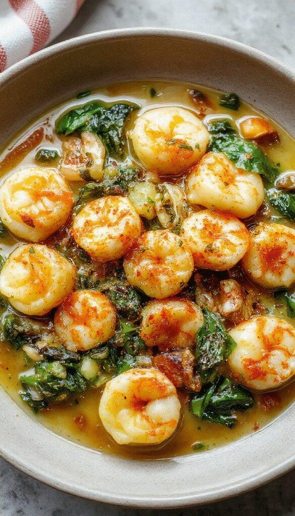A plate of velvety shrimp and spinach tortellini garnished with herbs, served with a creamy sauce on a white dinner plate.